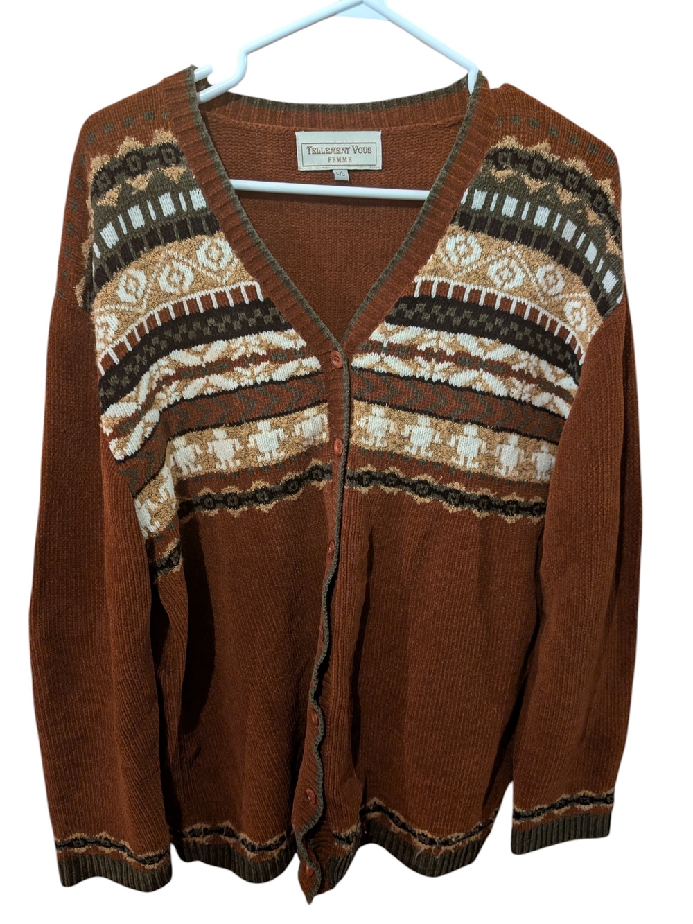 Rust Brown Patterned V-Neck Cardigan Sweater